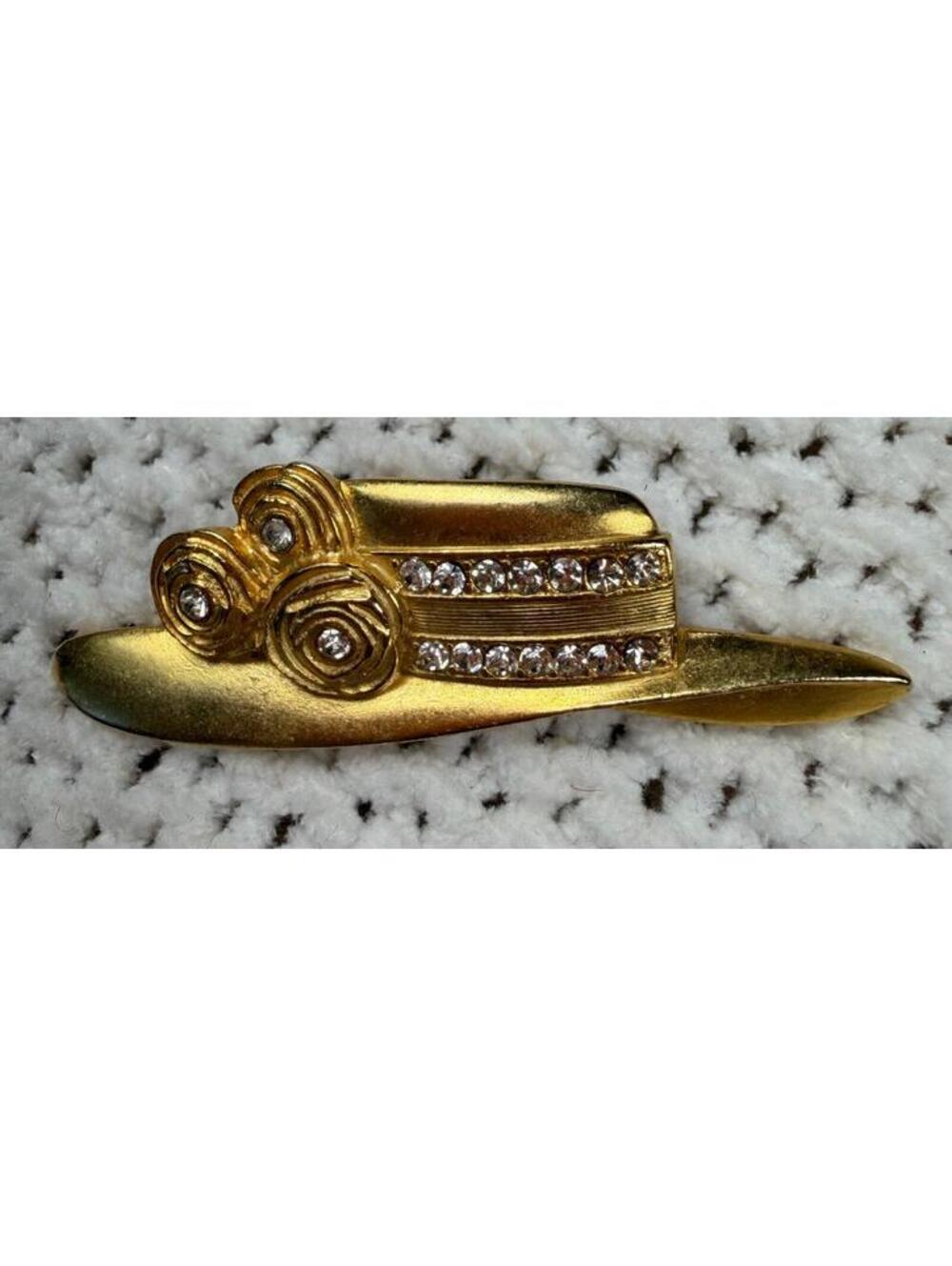 Goldtone Derby Style Hat Pin Brooch Vintage with Rhinestones 2.5"W X 1/2"Tall